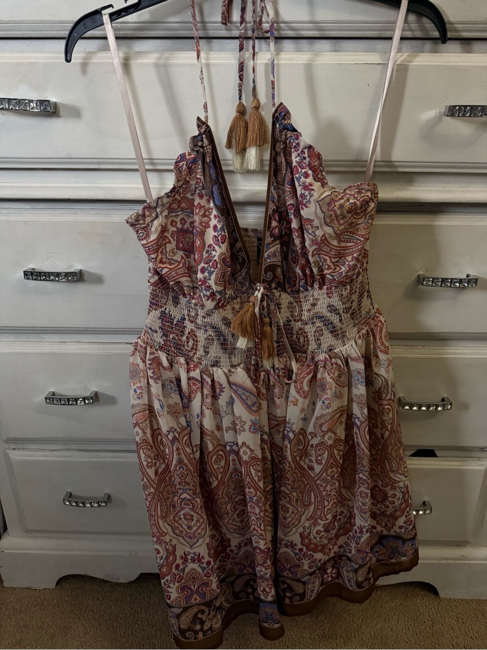 Windsor Paisley Tassel Mini Dress in Beige and Brown